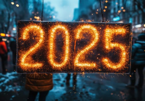 The text 2025 on an abstract dark background. Selective focus.