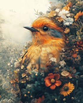 A bird among flowers in a quiet garden. Selective focus.