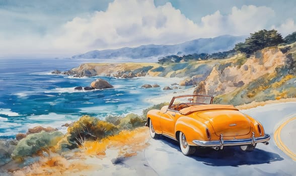 Watercolor of a vintage convertible driving along a winding road along the coast. Selective focus.