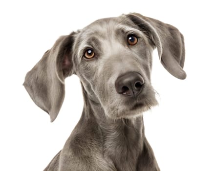 Portrait of Grey Weimardoodle dog looking at camera, isolated on a white background. Grey Weimardoodle headshot. Ai generated image