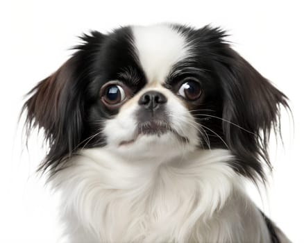 Black and white Japanese Chin portrait isolated on white background. Japanese Chin headshot looking at camera. Ai generated image