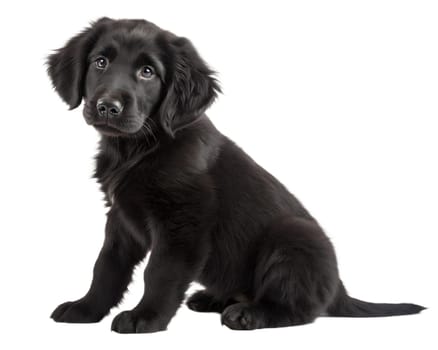 Flat coated black retriever puppy isolated on white background. black retriever puppy sitting and looking at camera. Ai generated image