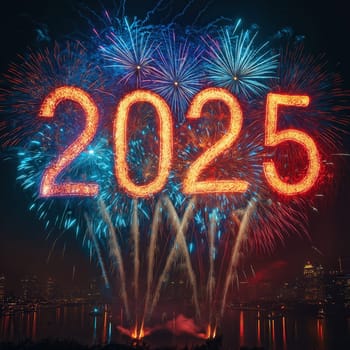 The text 2025 on an abstract dark background. Selective focus.
