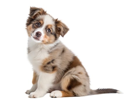 Miniature American Shepherd puppy isolated on white background. American Shepherd puppy sitting and looking at camera on white background. Ai generated image