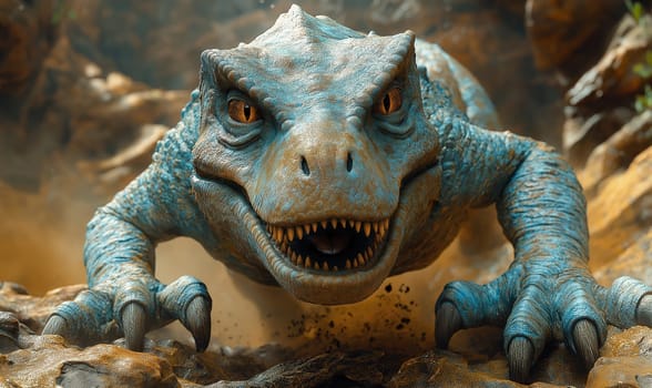 A menacing dinosaur destroys a stone wall, climbing out of it. Selective focus.