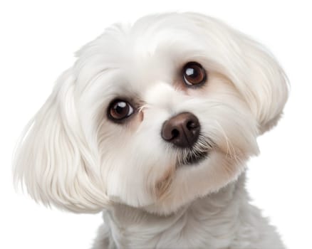 Cute Maltese portrait looking at camera isolated on white background. White Maltese headshot on white. Ai generated image