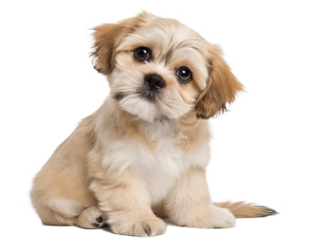 Cute Lhasa Apso puppy isolated on white background. Lhasa Apso puppy sitting and looking at camera on white. Ai generated image