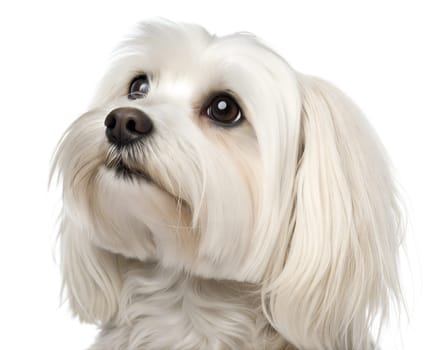Cute Maltese portrait isolated on white background. White Maltese headshot on white. Ai generated image