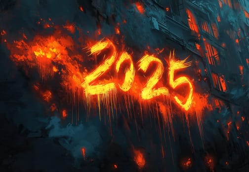 The text 2025 on an abstract dark background. Selective focus.