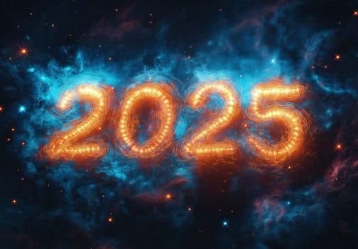 The text 2025 on an abstract dark background. Selective focus.