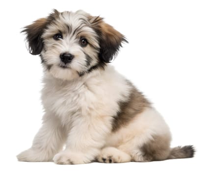 Polish Lowland Sheepdog puppy isolated on white background. Polish Lowland Sheepdog puppy sitting and looking at camera on white background. Ai generated image