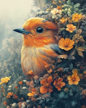 A bird among flowers in a quiet garden. Selective focus.