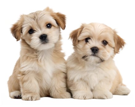 Cute Lhasa Apso puppies isolated on white background. Lhasa Apso puppies sitting and looking at camera on white. Ai generated image
