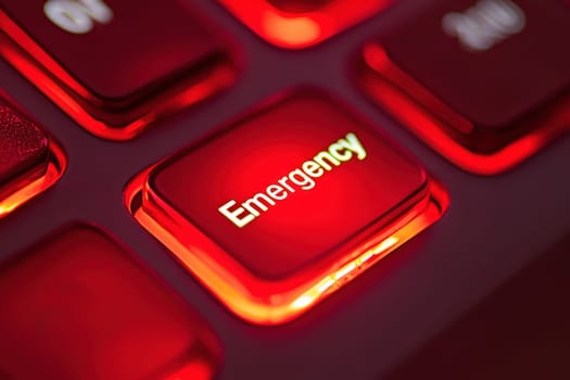 Concept of computer keyboard key with the glowing red word Emergency on it ready to press enter..