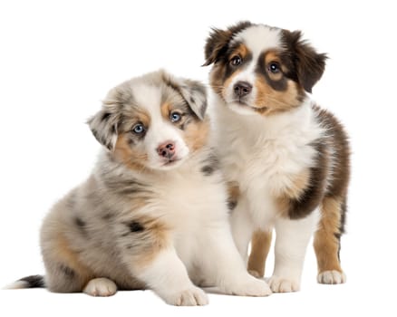 Miniature American Shepherd puppies isolated on white background. American Shepherd puppies looking at camera . Ai generated image
