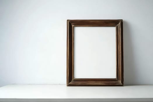 a mockup of a blank wooden picture frame on a wooden floor leaning against a white wall - art mock-up template.