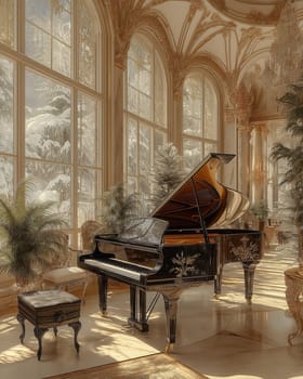 Victorian style room with black piano in natural light. Selective focus.