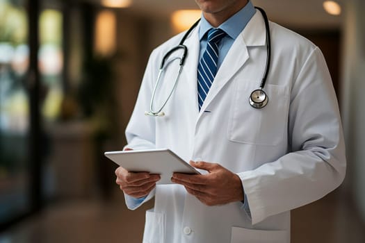 A doctor in a white coat with a stethoscope around his neck holding a tablet. High quality illustration