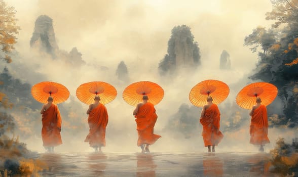 A painting of monks with umbrellas walking down the street. Selective focus.