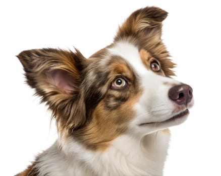 Miniature American Shepherd portrait isolated on white background. American Shepherd headshot on white. Ai generated image