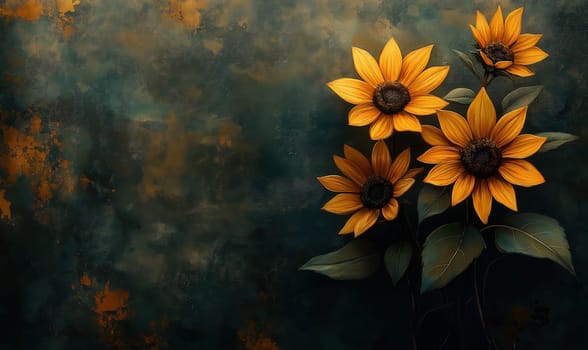 Watercolor, sunflowers on a dark background, vintage style. Selective focus.
