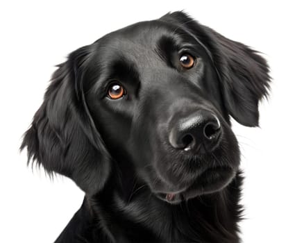 Flat coated black retriever portrait looking at camera isolated on white background. black retriever headshot on white. Ai generated image