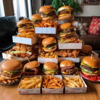 Lots of delicious fresh burgers and fries. Food products harmful to humans. Diet and healthy eating concept. High quality photo