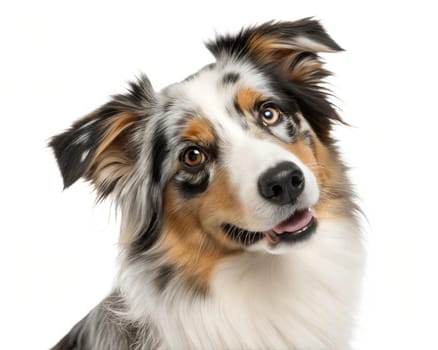 Miniature American Shepherd portrait looking at camera isolated on white background. American Shepherd headshot on white. Ai generated image