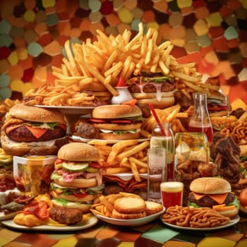 Lots of delicious fresh burgers and fries. Food products harmful to humans. Diet and healthy eating concept. High quality photo