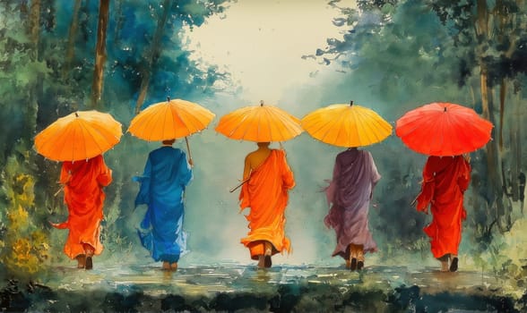A painting of monks in colorful robes walking down the street with umbrellas. Selective focus.