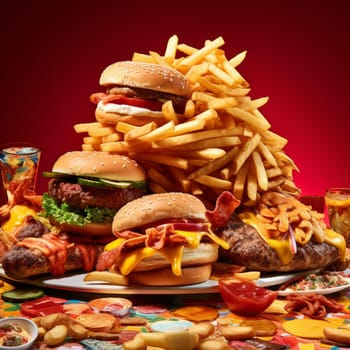 Lots of delicious fresh burgers and fries. Food products harmful to humans. Diet and healthy eating concept. High quality photo
