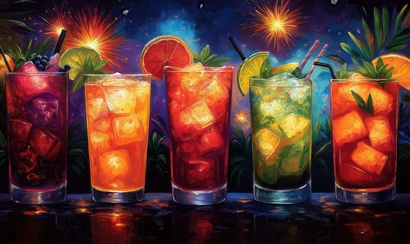 Illustration of cocktails with fireworks in the background. Selective focus.