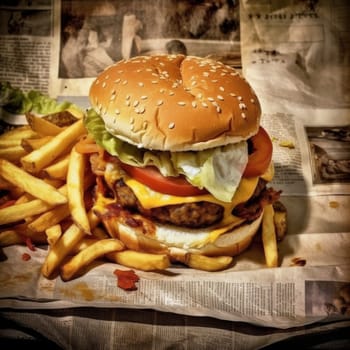 A juicy tasty hamburger lies on the table. High quality photo