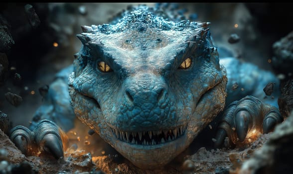 A menacing dinosaur destroys a stone wall, climbing out of it. Selective focus.