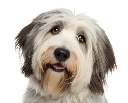 Polish Lowland Sheepdog portrait looking at camera isolated on white background. Polish Lowland Sheepdog headshot on white background. Ai generated image
