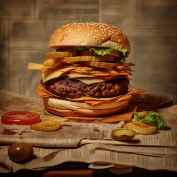 A juicy tasty hamburger lies on the table. High quality photo
