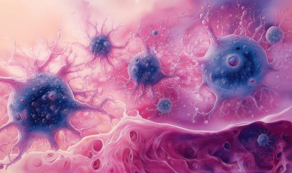 Watercolor background, various cells showcasing intricate details. Selective focus.