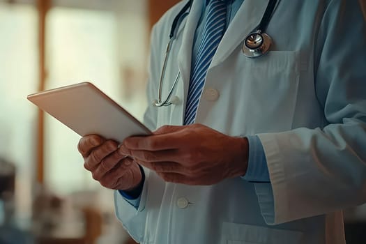 A doctor in a white coat with a stethoscope around his neck holding a tablet..