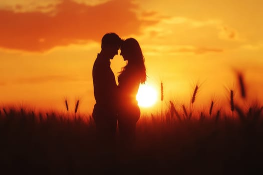 couple shares an intimate moment in wheat field at sunset capturing the essence of love and connection..