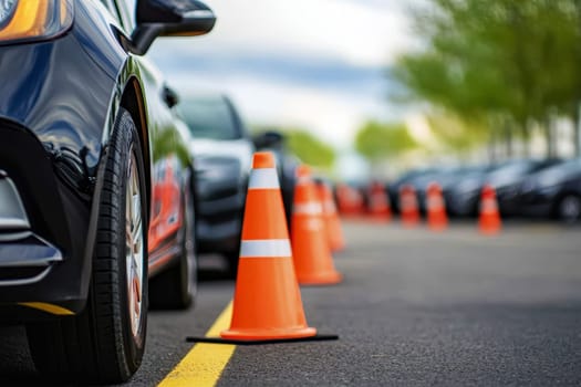 Car with Traffic cones in driving school, driving school concept, Copy space of transportation.