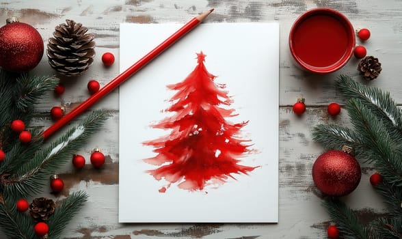 Watercolor red Christmas tree on sheet of paper. Selective focus.