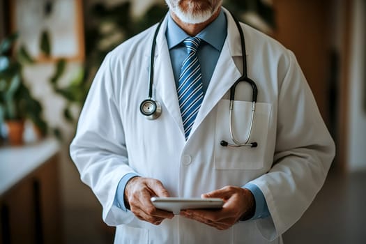 A doctor in a white coat with a stethoscope around his neck holding a tablet..
