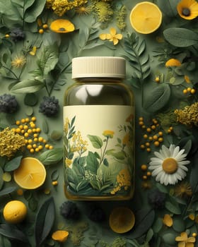 A jar of herbal mix amidst a variety of flora against a green background. Selective focus.