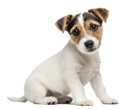 Parson russel terrier puppy isolated on white background. Parson russel puppy sitting and looking at camera on white on white background. Ai generated image
