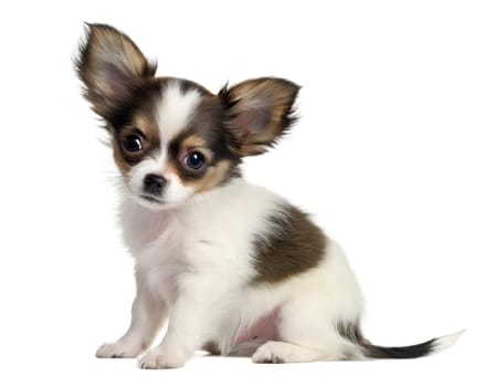 Papillon Chihuahua mix breed puppy isolated on white background. Papillon Chihuahua puppy sitting and looking at camera on white background. Ai generated image