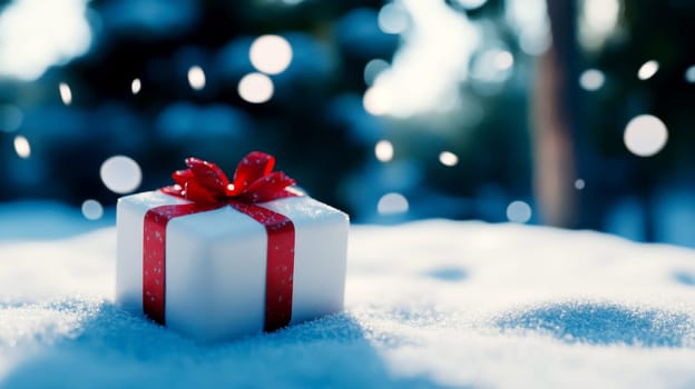 a white gift box with red ribbon in snowy landscape. Christmas festivities --ar 16:9 --stylize 50 --v 6.1 Job ID: 09acfbc2-6232-4141-b1a0-1bcb1558c0c5