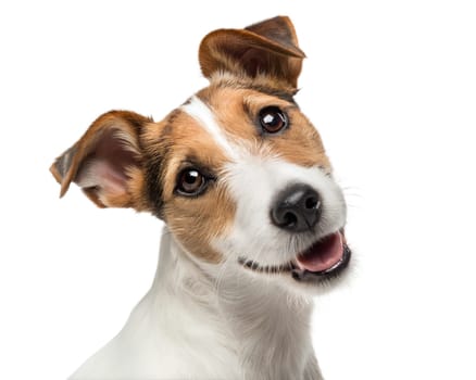 Parson russel terrier portrait looking at camera isolated on white background. Parson russel terrier headshot on white. Ai generated image