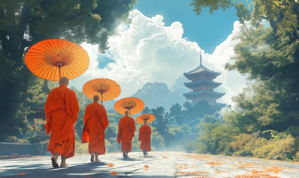 A painting of monks with umbrellas walking down the street. Selective focus.