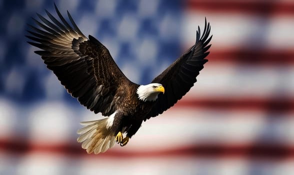 Majestic bald eagle spreads its wings, set against a patriotic American flag background with stars and stripes, symbolizing freedom and strength in a stylized illustration. High quality illustration