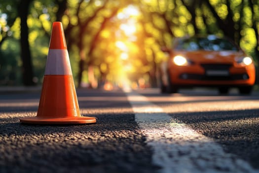 A red car is driving with Orange traffic cone on road surface, blurred trees. Safety concept..